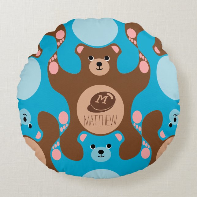 Almofada Redonda Teddy Bears Blue Monograma Kid Round Travesseiro (Frente)