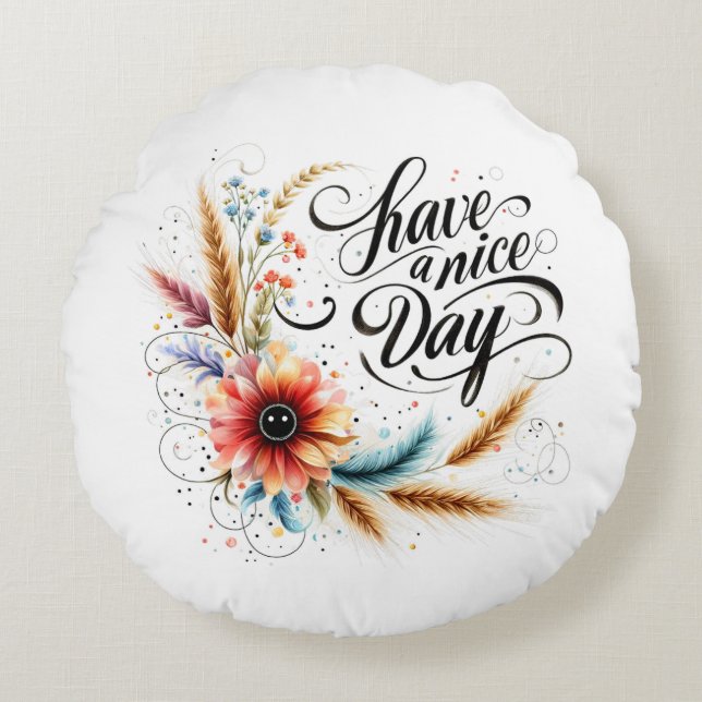Almofada Redonda Tenha um belo dia floral (Frente)
