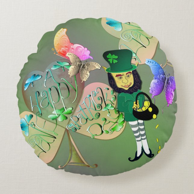 Almofada Redonda "Tenha uma Rua feliz. Dia de Patrick!" Leprechaun (Frente)