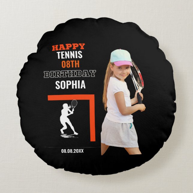 Almofada Redonda Tennis Birthday, Tennis Girl Player Backdrops (Frente)