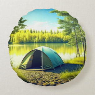 Almofada Redonda Tent em uma Floresta Bonita por um Lago