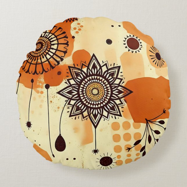 Almofada Redonda Terra Quente Russa Mandala Boho Floral (Frente)
