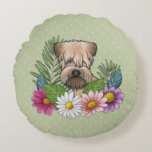 Almofada Redonda Terrier Wheaten de Capa Macia Flores Coloridas Ver