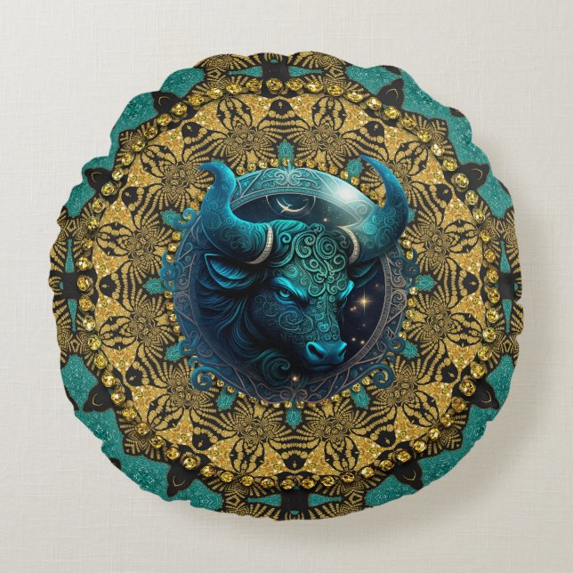 Almofada Redonda Terthy Teal Tribal Taurus Zodiac (Frente)