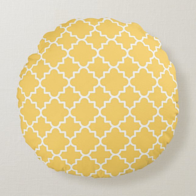 Almofada Redonda Teste padrão amarelo de Quatrefoil (Frente)