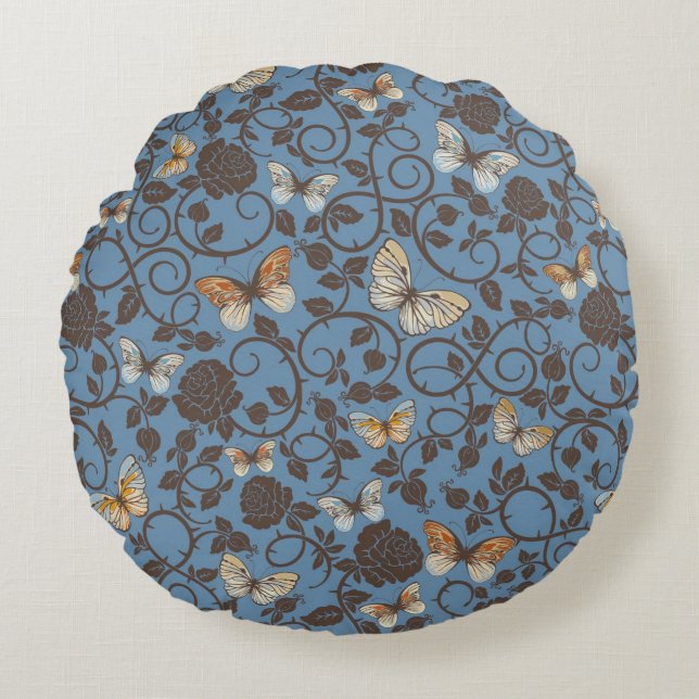 Almofada Redonda teste padrão com rosas e borboleta (Frente)