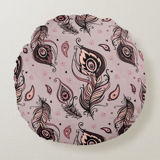 Almofada Redonda Teste padrão da pena do pavão (Frente)