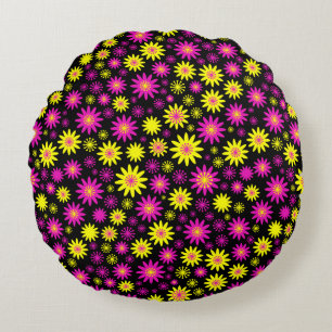 Almofada Redonda Teste padrão de flor - rosa quente, amarelo e