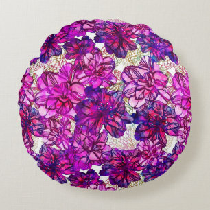 Almofada Redonda Teste padrão de flores abstrato do rosa e do roxo