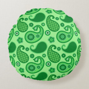 Almofada Redonda Teste padrão de Paisley, jade e verde esmeralda