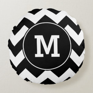 Almofada Redonda Teste padrão de ziguezague preto Monogrammed