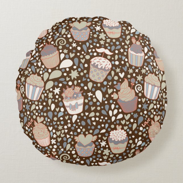 Almofada Redonda Teste padrão doce feito de cupcakes saborosos (Frente)