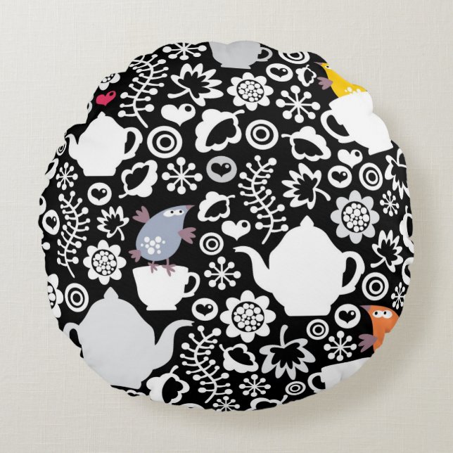 Almofada Redonda Teste padrão dos pássaros e dos copos (Frente)