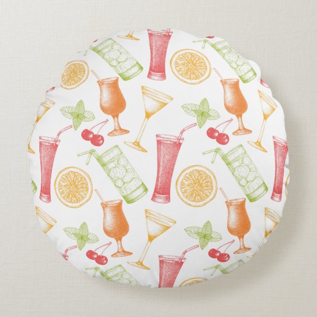 Almofada Redonda Teste padrão esboçado do cocktail (Frente)
