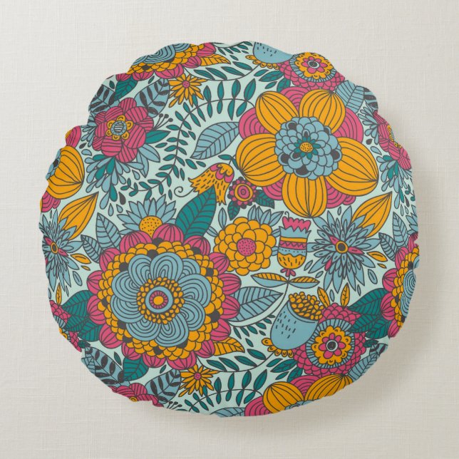 Almofada Redonda Teste padrão floral colorido (Frente)