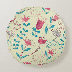 Almofada Redonda Teste padrão floral com gatos dos desenhos