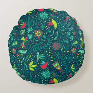 Almofada Redonda Teste padrão floral com pássaros 2 dos desenhos