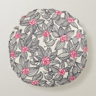 Almofada Redonda Teste padrão floral com pássaros dos desenhos