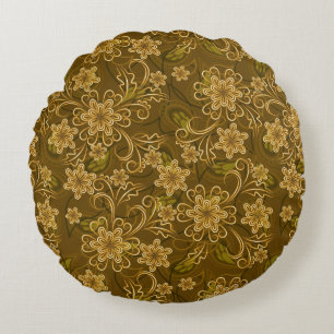 Almofada Redonda Teste padrão floral do vintage dourado