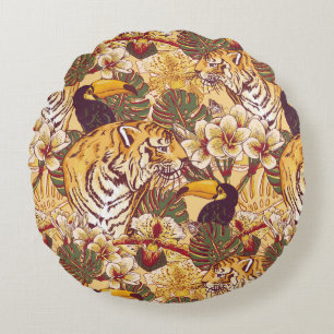 Almofada Redonda Teste padrão floral tropical com tigre