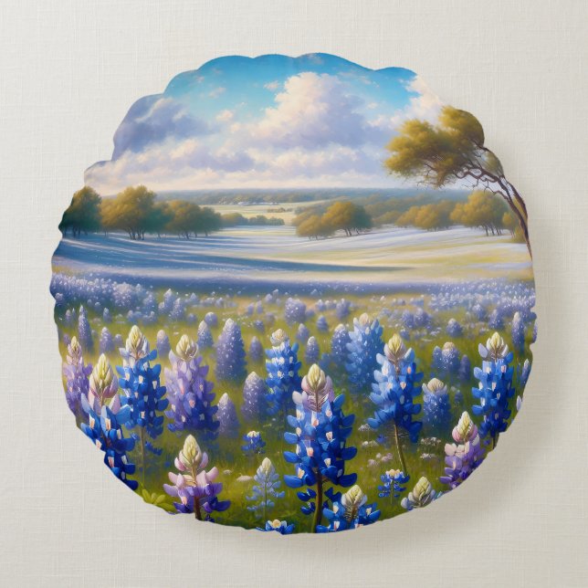 Almofada Redonda Texas Bluebonnet Meadow Landscape (Frente)