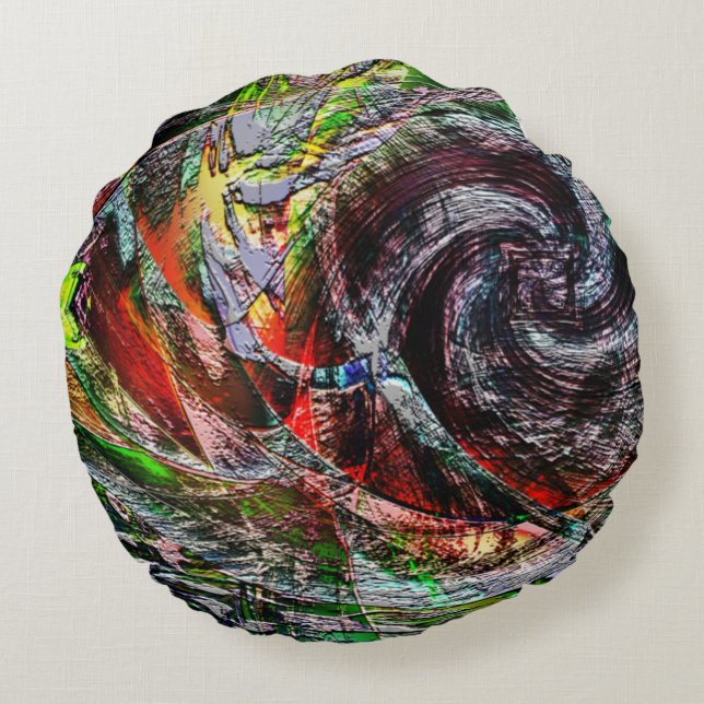 Almofada Redonda Textura de ruínas digitais sobre gradiente vermelh (Verso)