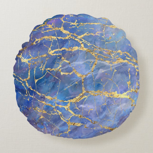 Almofada Redonda Textura Dourada do Abstrato Marble Azul (Frente)