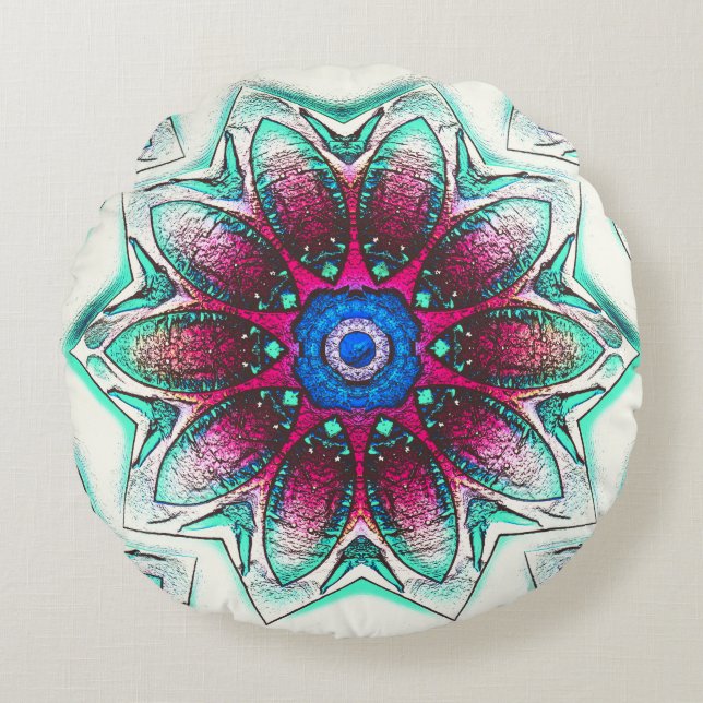 Almofada Redonda Textura floral de desenho de ciano metálico a tint (Frente)
