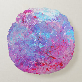 Almofada Redonda Textura rosa-azul criativa, manchas de tinta.