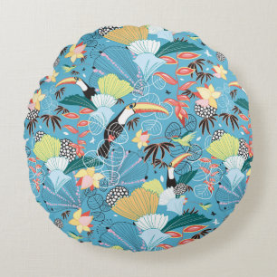 Almofada Redonda Textura tropical com Toucans e colibris