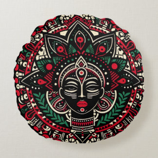 Almofada Redonda Theyyam Spirit Pillow – Vibrant Indian Folk Art