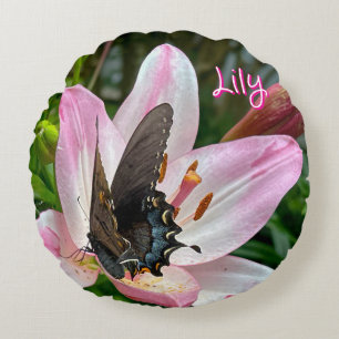 Almofada Redonda Tigre branco rosa Lilly Flower Blue Butterfly Nome
