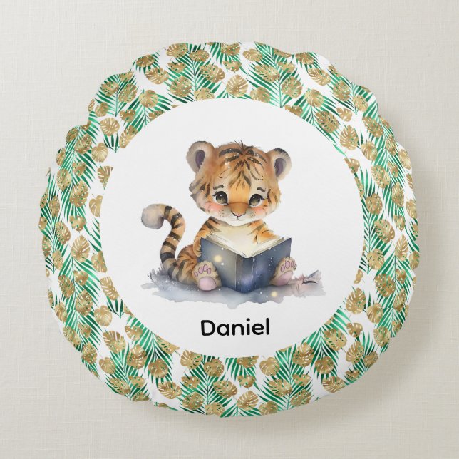 Almofada Redonda Tigre-Cute Lendo um Livro (Frente)