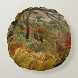 Almofada Redonda Tigre numa Tempestade Tropical por Henri Rousseau