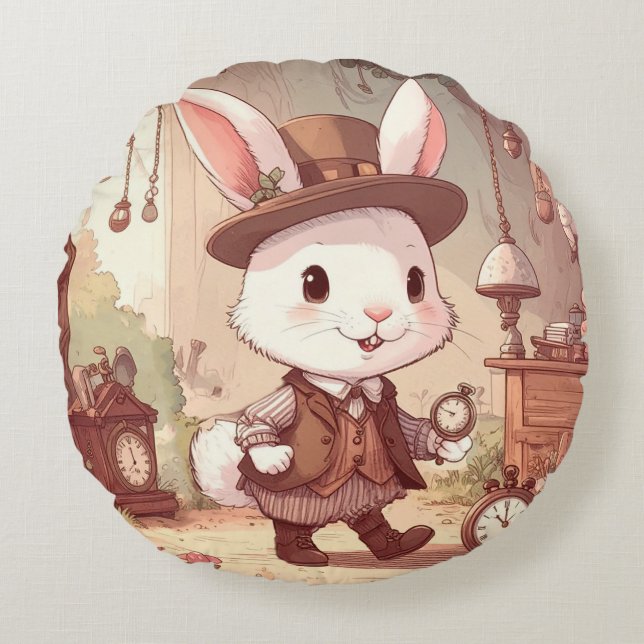 Almofada Redonda Timekeeper Whimsical Cute White Rabbit Wonderland (Frente)