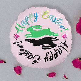 Almofada Redonda Tipografia de Bunnies de Páscoa Coloridos Rosa Div