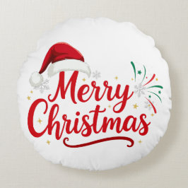 Almofada Redonda Tipografia Feliz Natal com Chapéu de Papai Noel e