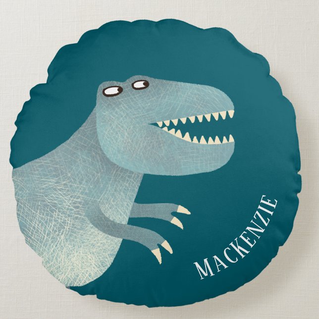 Almofada Redonda Tiranossauro Rex Divertido Personalizado (Fun Tyrannosaurus Rex dinosaur personalized name custom text throw pillow)