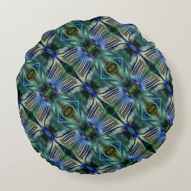 Almofada Redonda Tiras transversais curvas, em verde e azul (Verso)