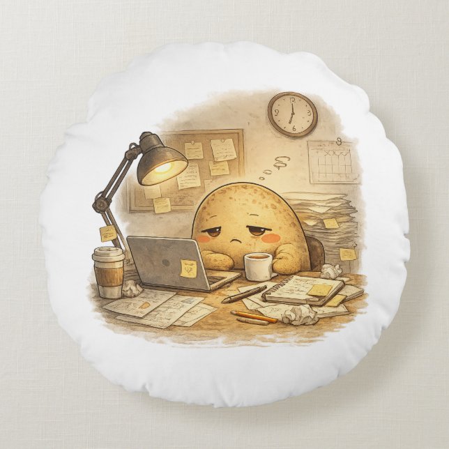 Almofada Redonda Tired Office Potato Slouched Desk Cartoon Illustra (Frente)