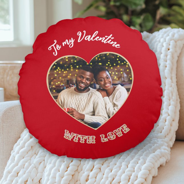 Almofada Redonda To My Valentine | Custom Photo Heart Red (A round pillow in red with custom photo in a heart 'frame' and 'To my Valentine with love' words)