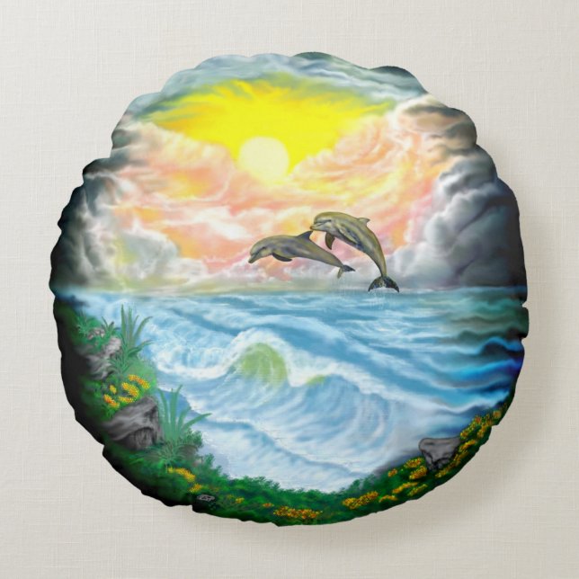 Almofada Redonda Tocando golfinhos ao sol (Frente)