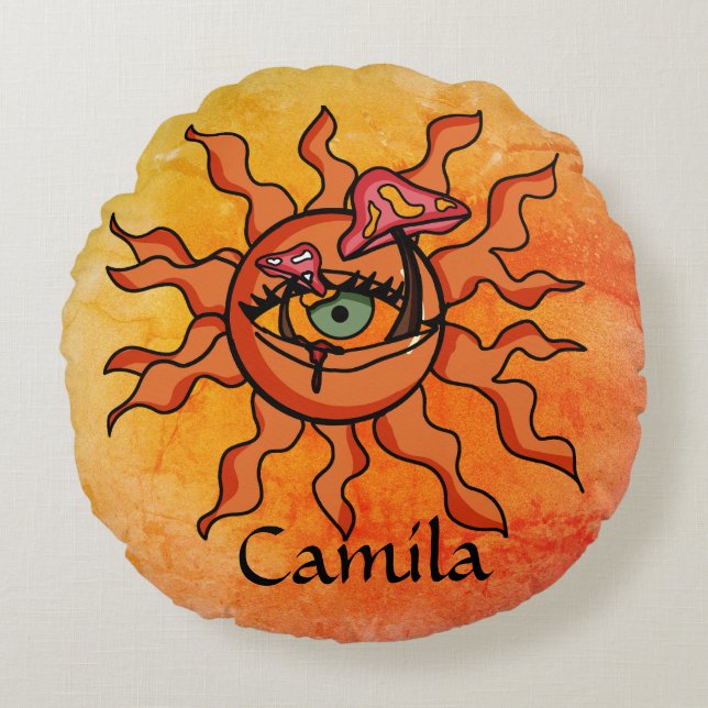 Almofada Redonda Todos os Raios de Cogumelo Vendo Sol (Frente)