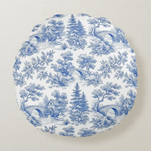 Almofada Redonda Toile de Jouy Vintage Paisagem Rural Francesa