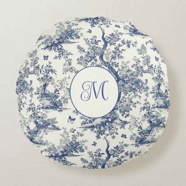 Almofada Redonda Toile Francês - Borboleta White Azul (Frente)