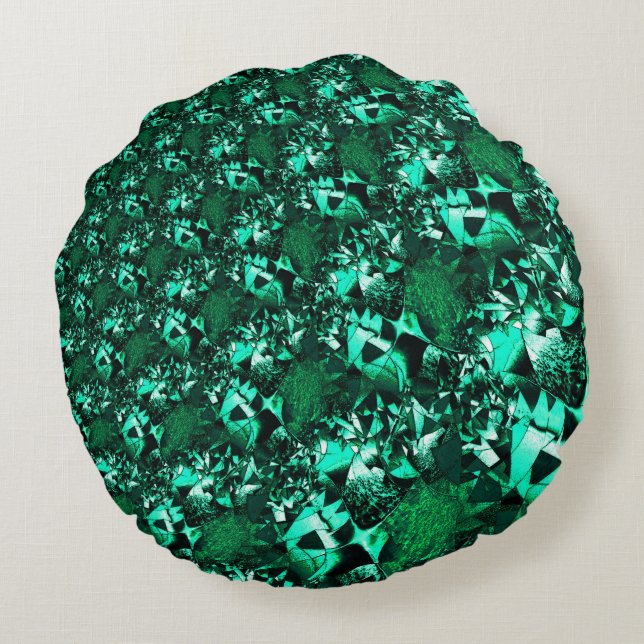 Almofada Redonda Tonalidades verdes embebidas e semelhantes a gravu (Verso)