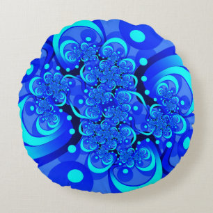Almofada Redonda Tons de Azul Arte Fractal Abstrata Moderna