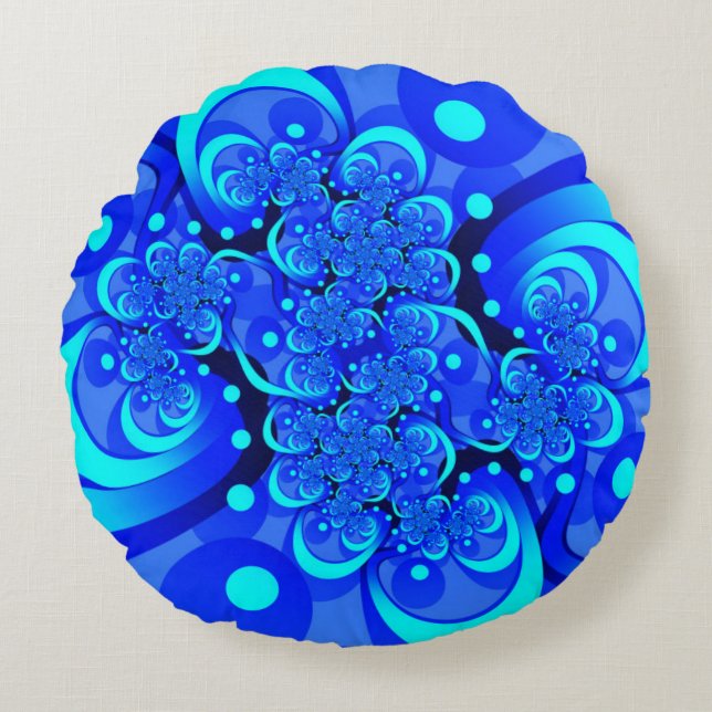 Almofada Redonda Tons de Azul Arte Fractal Abstrata Moderna (Frente)
