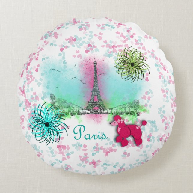 Almofada Redonda Torre Eiffel Paris Pink Poodle (Frente)