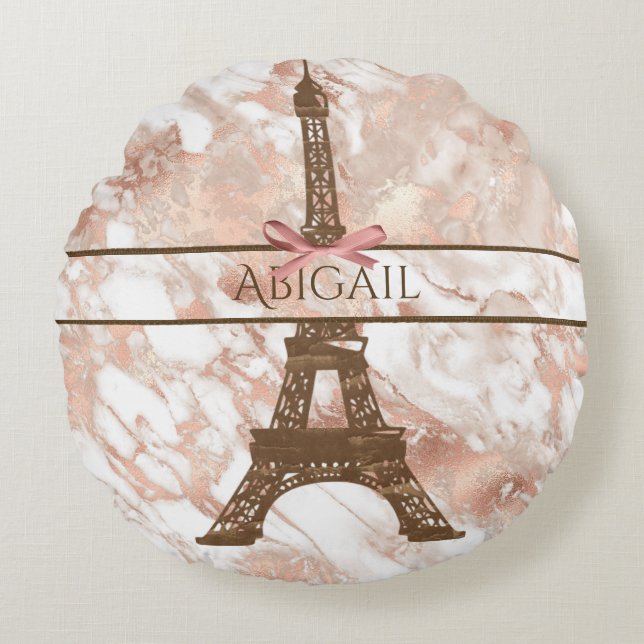 Almofada Redonda Torre Eiffel Personalizada Branco, Rosa Dourado Ma (Frente)